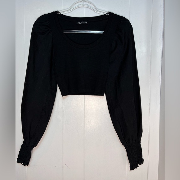 Zara Ribbed Puff Sleeve Crop Stretch Black Size Small - Picture 1 of 3